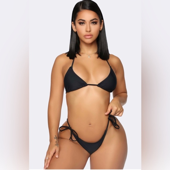 Black Triangle Top Self Tie Bottom Bikini Long Sleeve Mesh Coverup 3 Piece Set - Picture 2 of 11